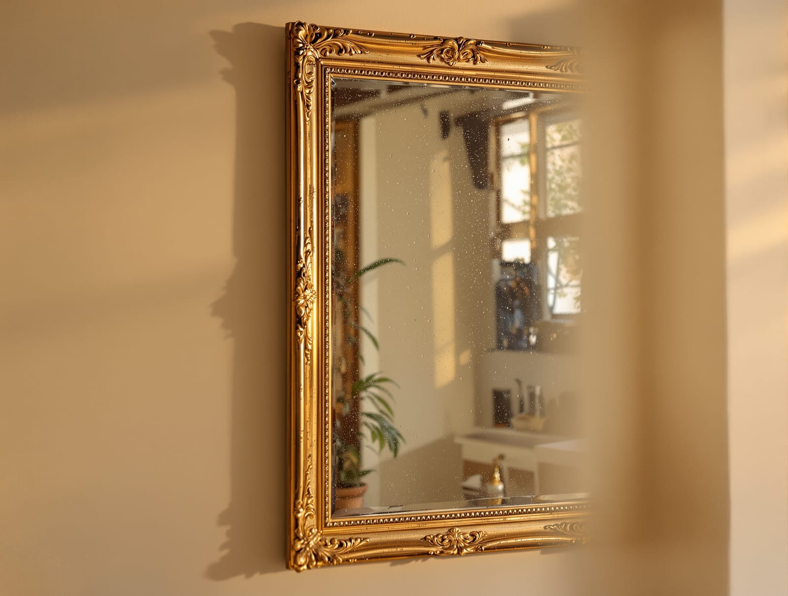 An antique gilt-framed mirror with aged glass in an Indian home