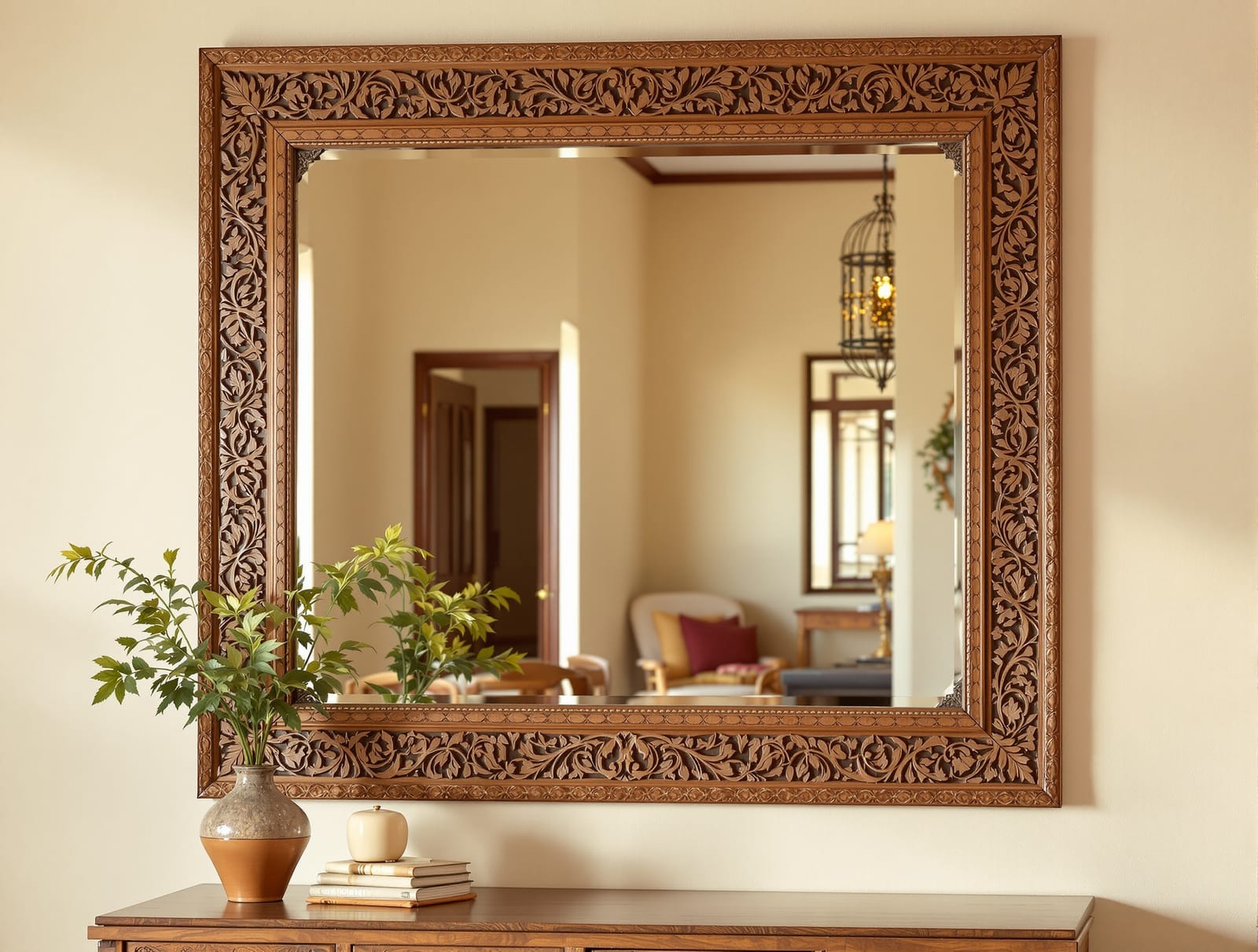 A mirror in a hand-carved teak wooden frame, traditional Indian craftsmanship