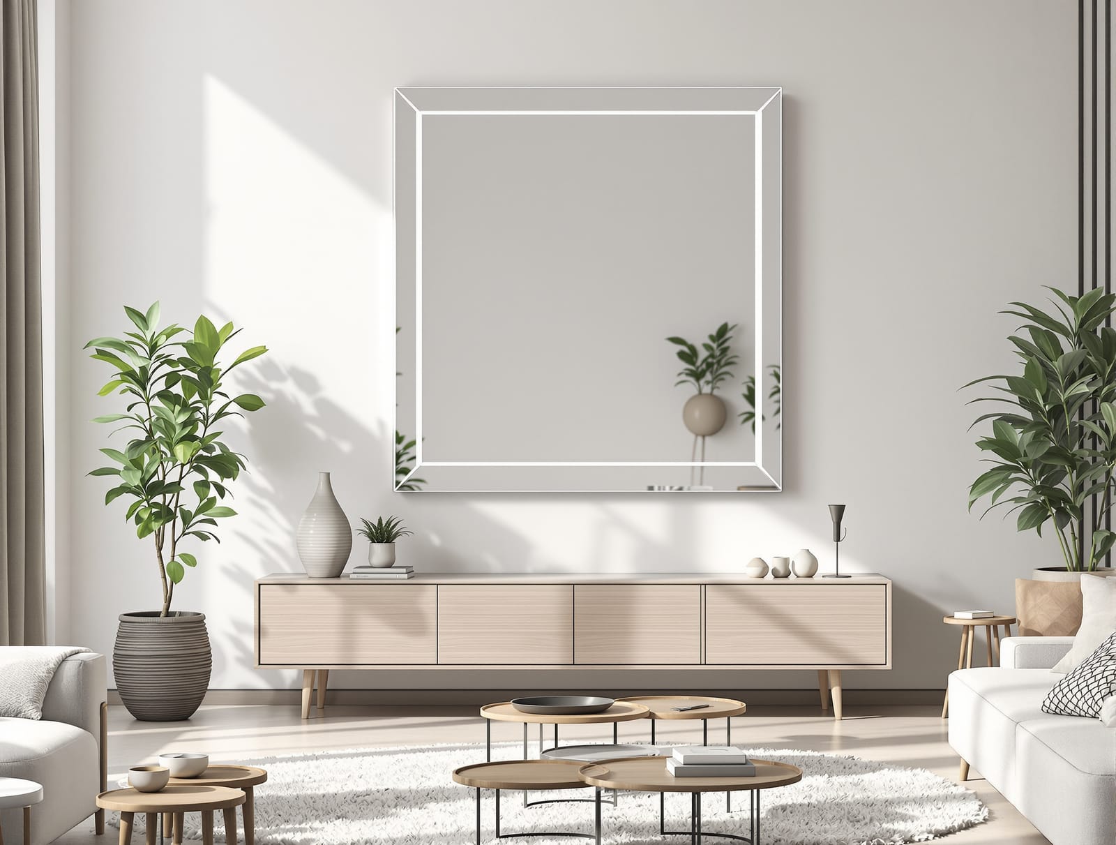 A frameless bevelled designer mirror in a minimal Indian living room
