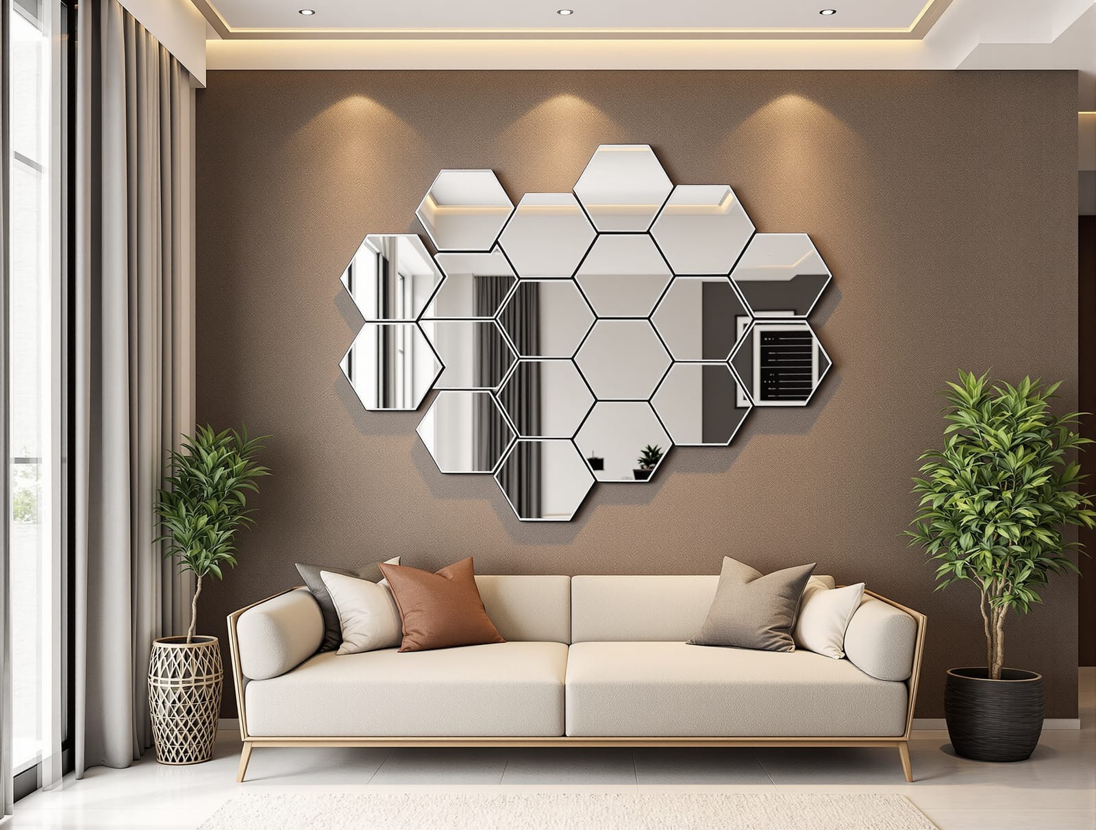 A geometric hexagonal cluster mirror on a feature wall in an Indian home