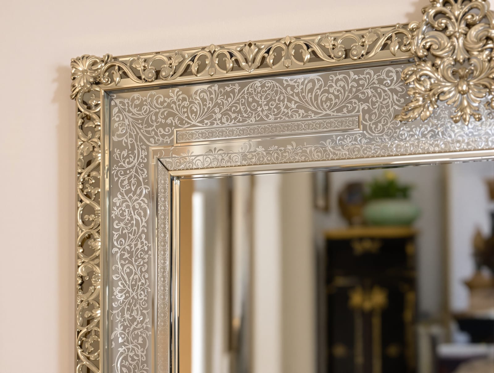 An ornate Venetian etched-glass mirror in an elegant Indian home
