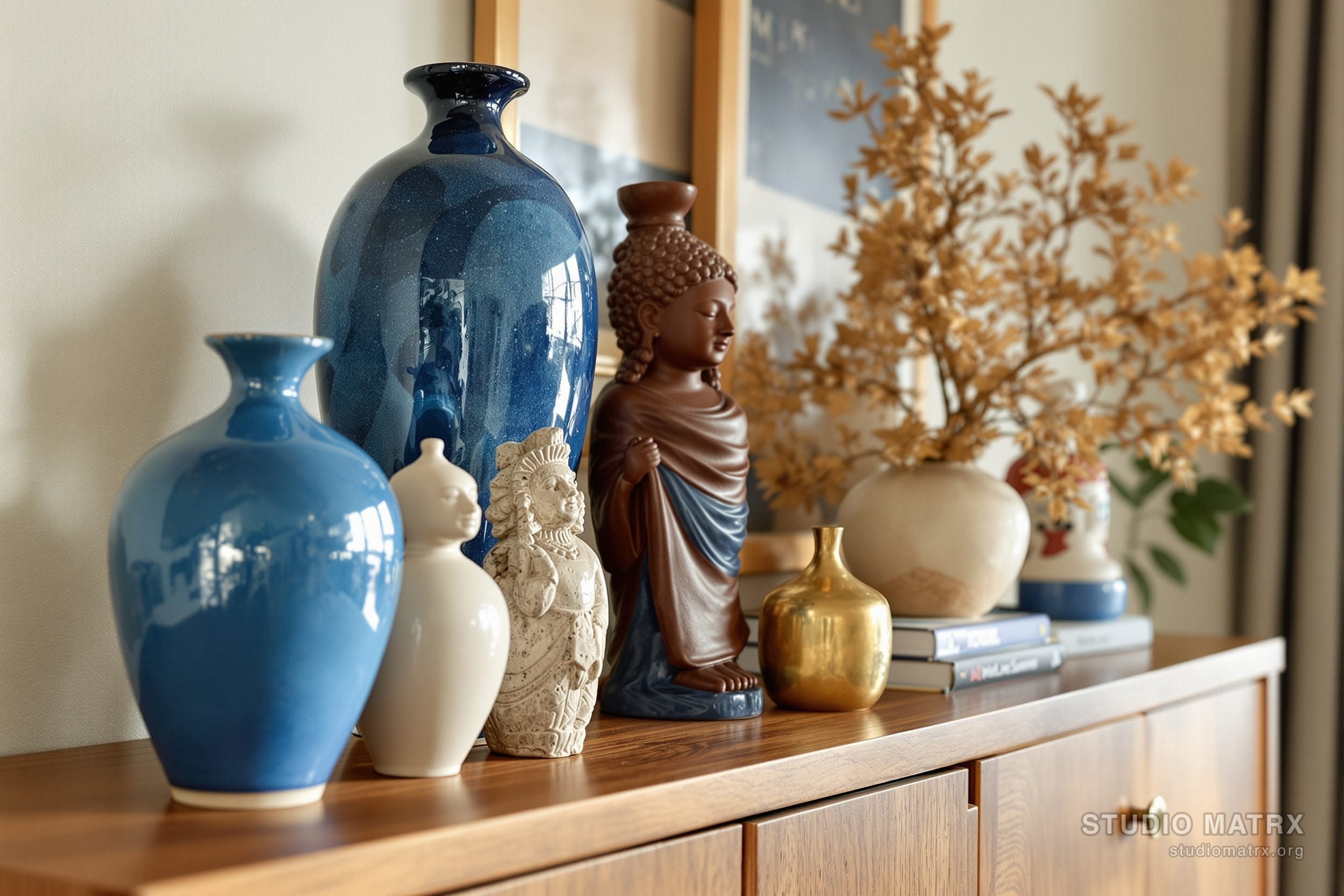 Ceramic figurines and handcrafted artefacts styled on a sideboard