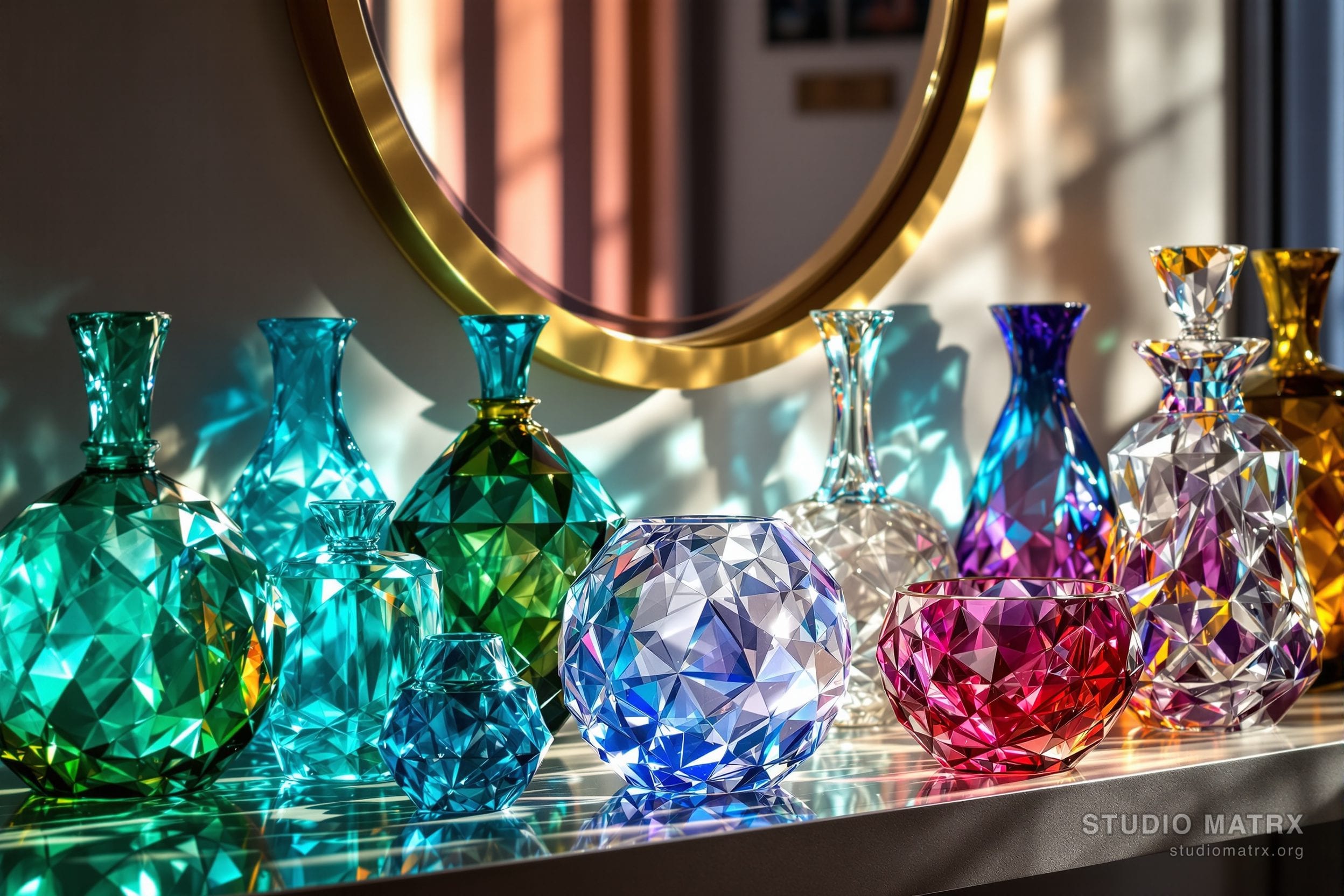 Crystal and coloured-glass art objects catching light on a shelf