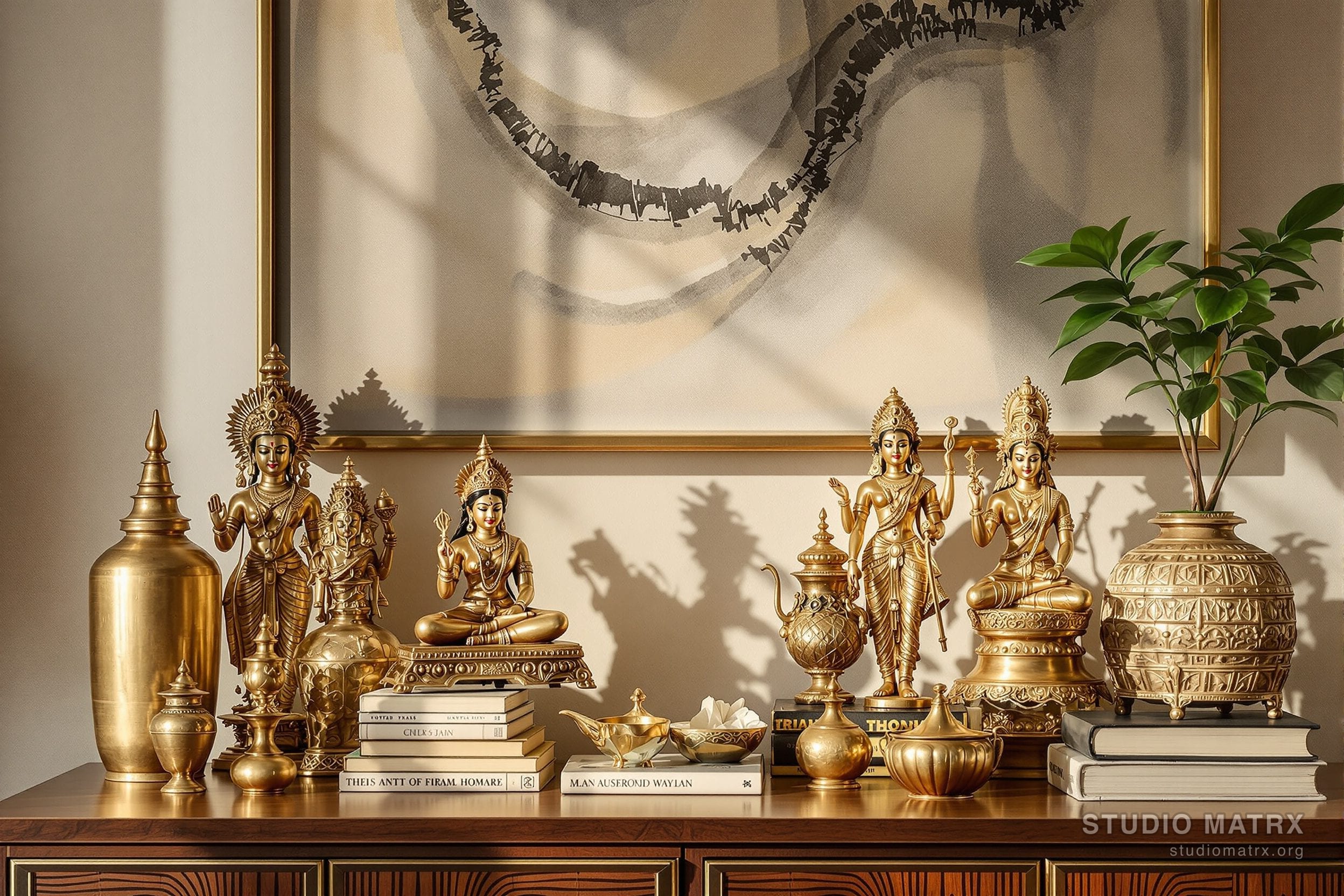 Tribal artefacts and antique brass collectibles in a curated vignette