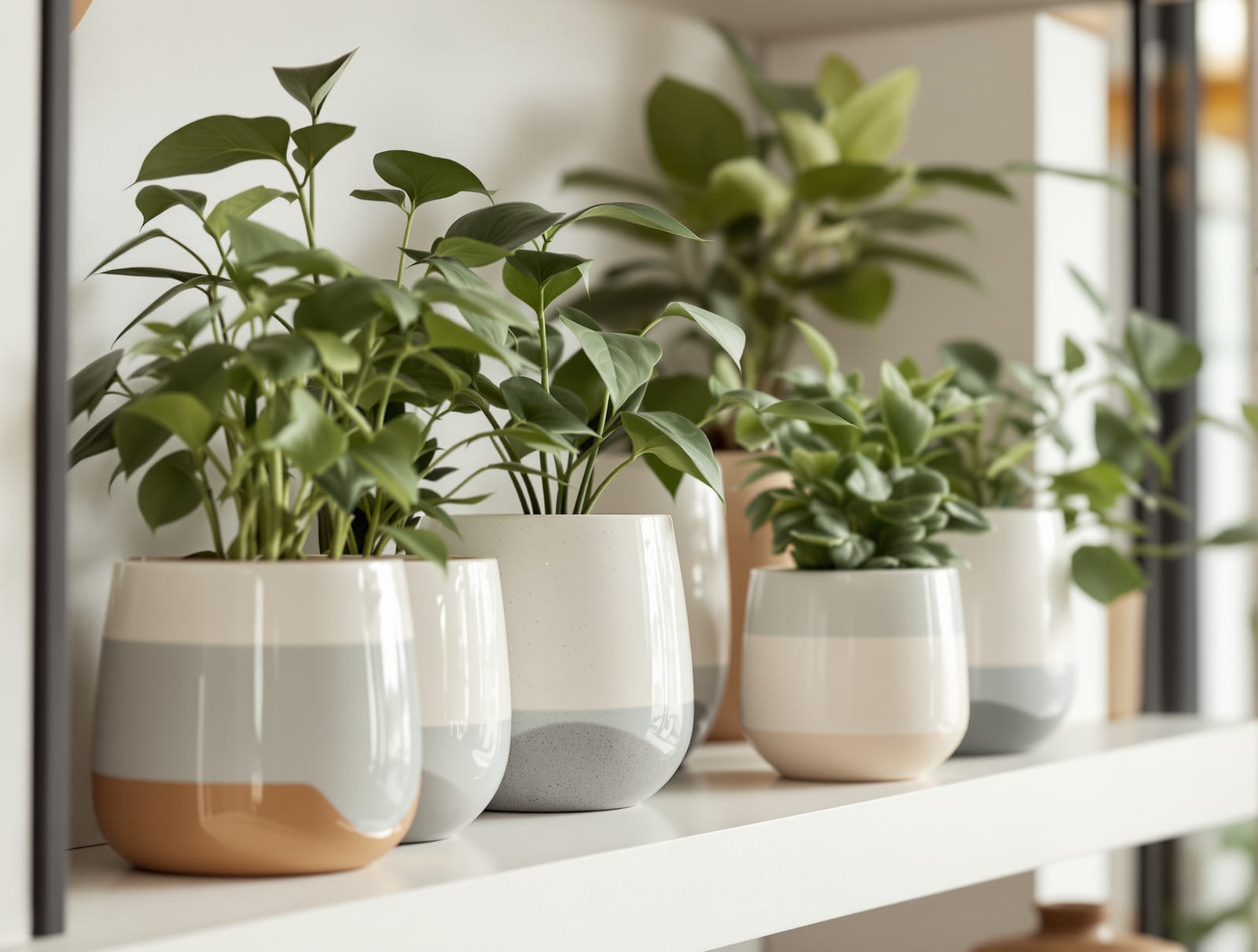 Glazed ceramic planters with indoor plants in a modern Indian home