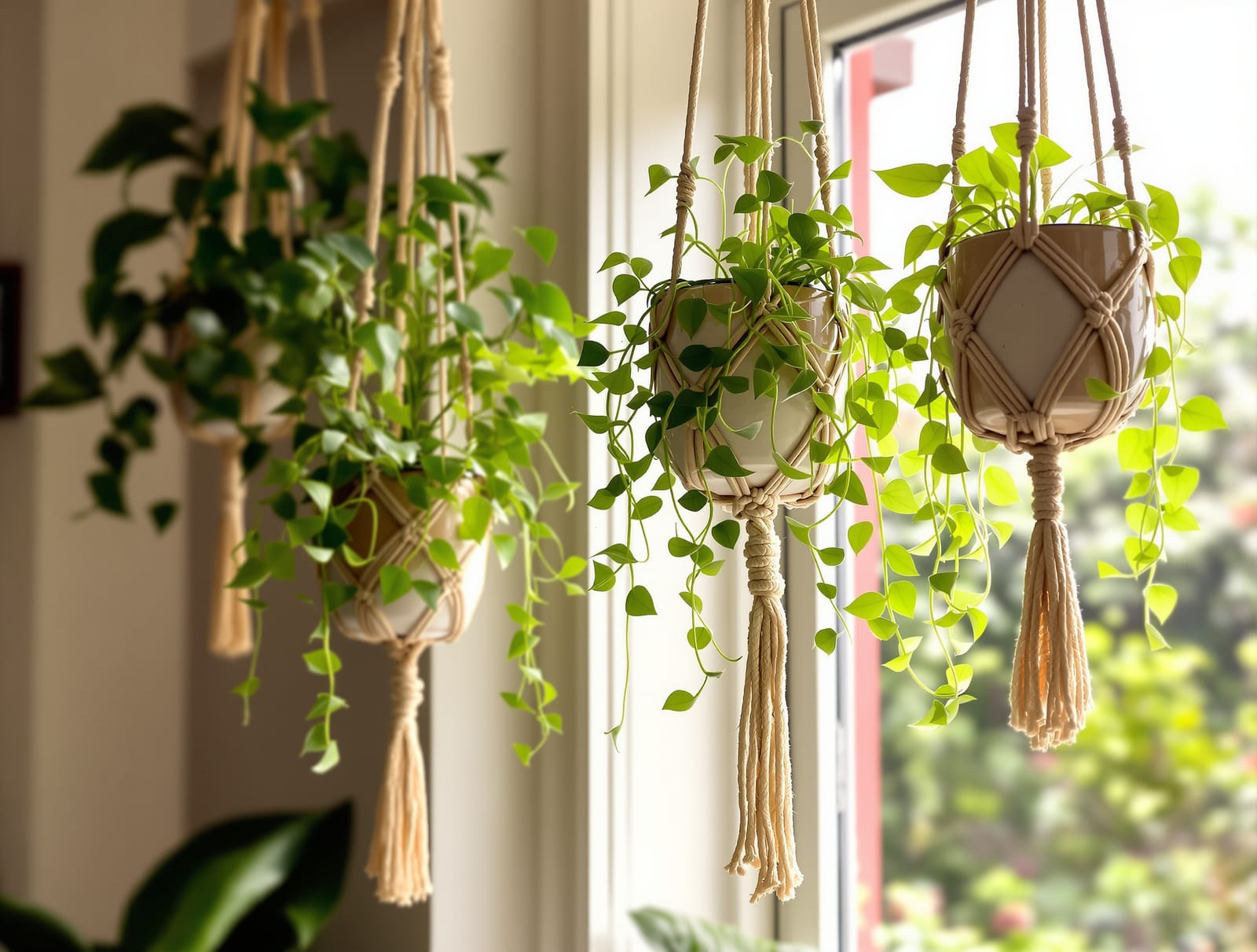 Hanging planters with trailing plants in an Indian balcony or living room