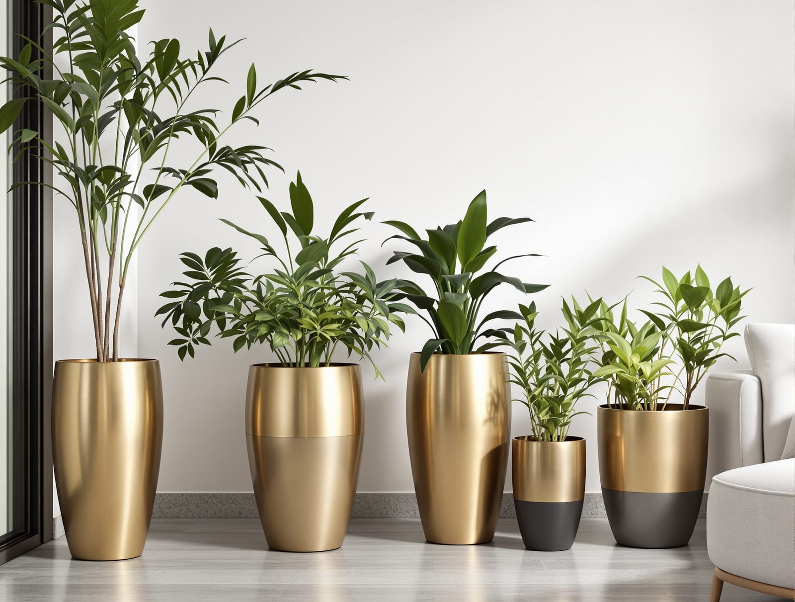 Brushed metal planters with indoor plants in a contemporary Indian interior