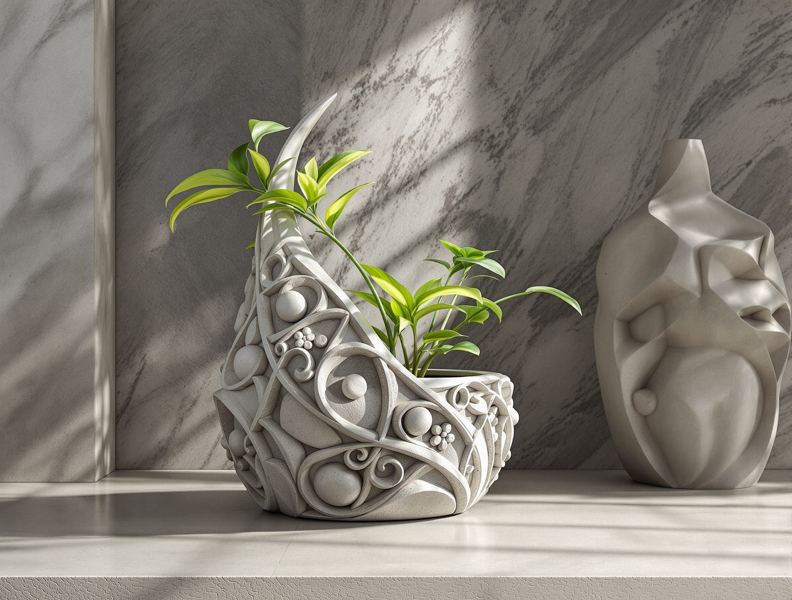 Carved stone planter with a plant in an Indian home