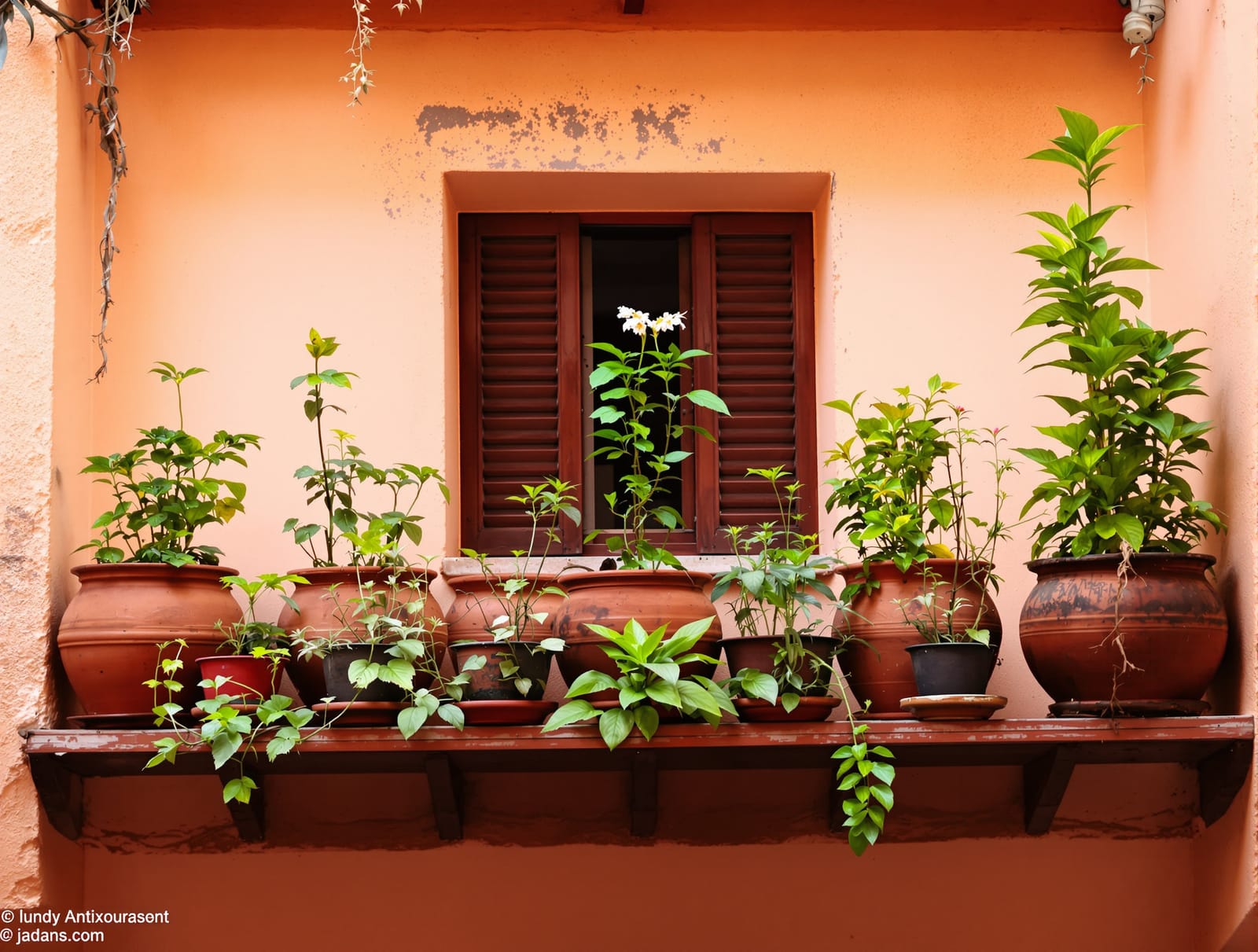 Terracotta pots with plants on an Indian balcony