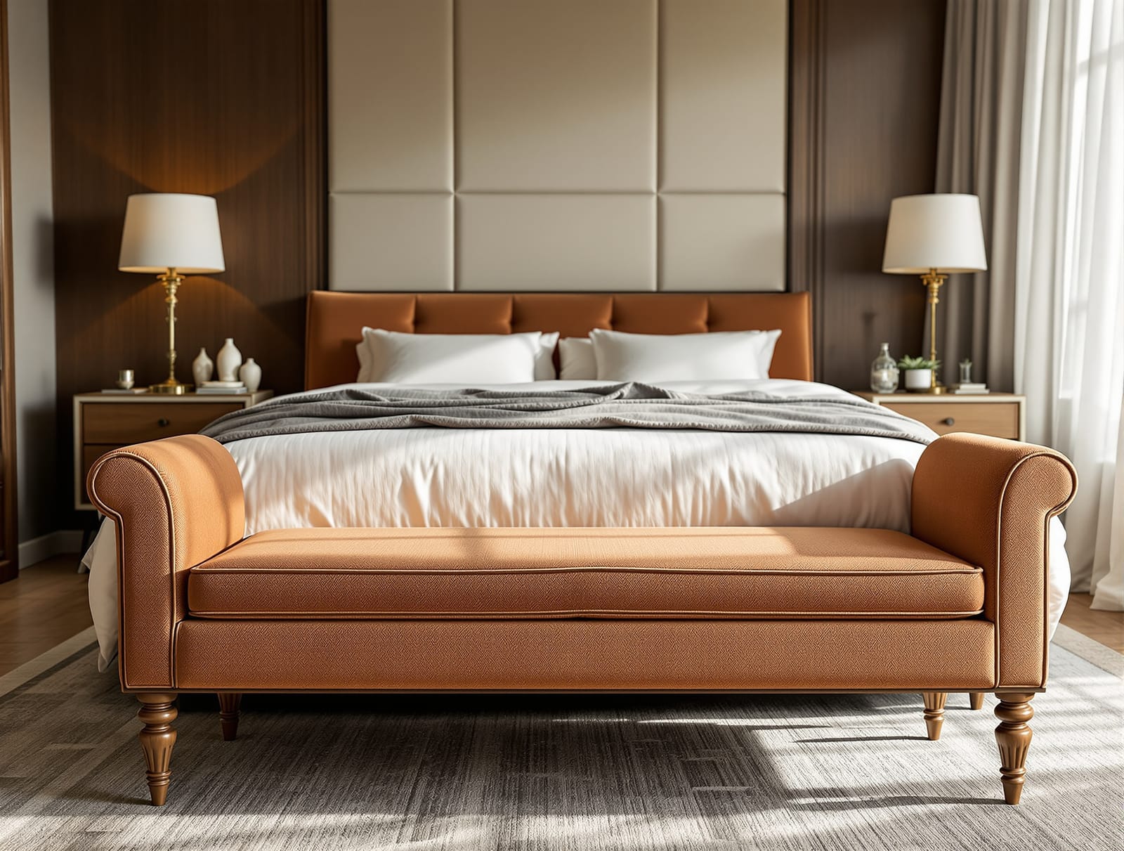 An upholstered bench at the foot of a bed in an Indian bedroom