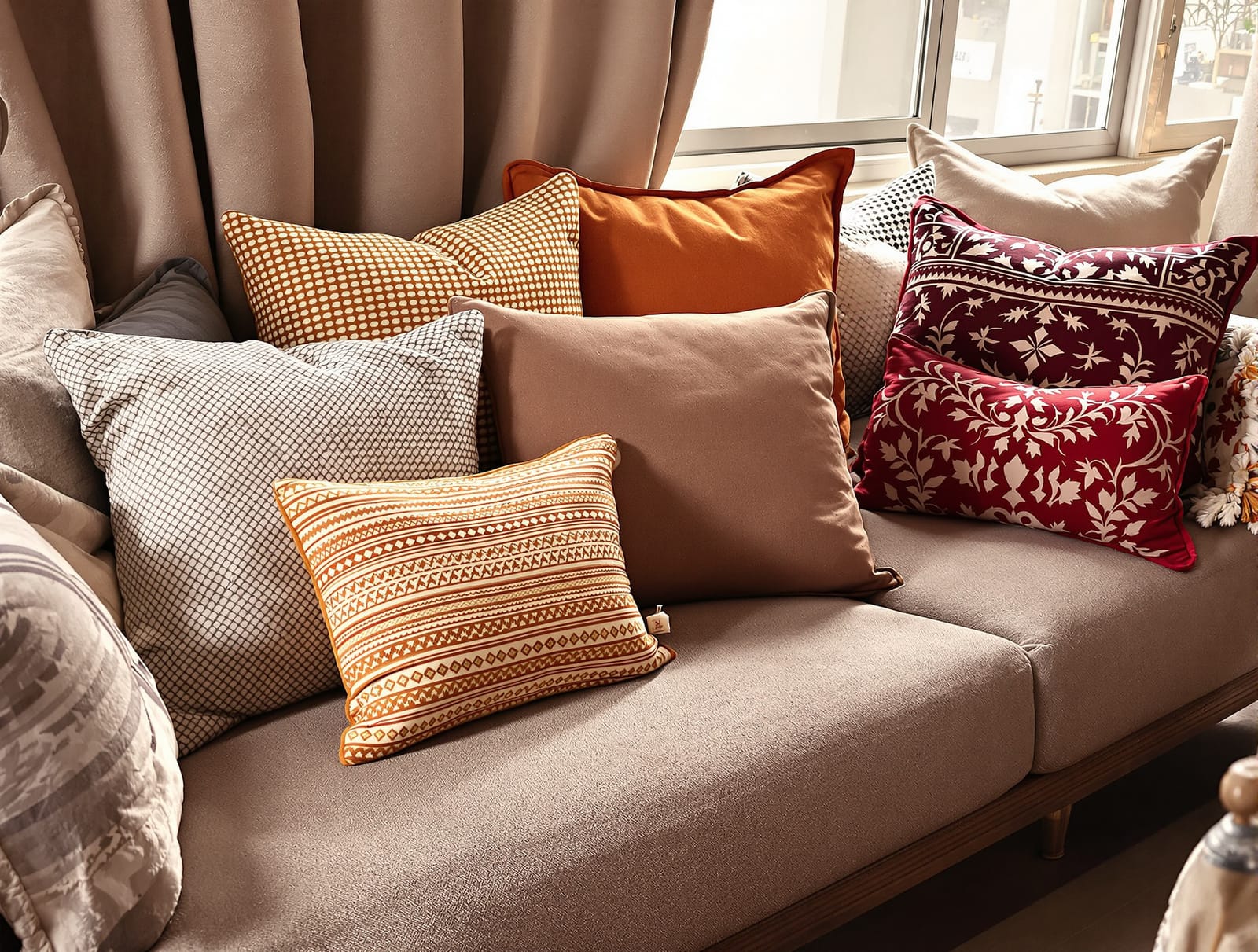 Decorative cushions and throw pillows on a sofa in an Indian living room