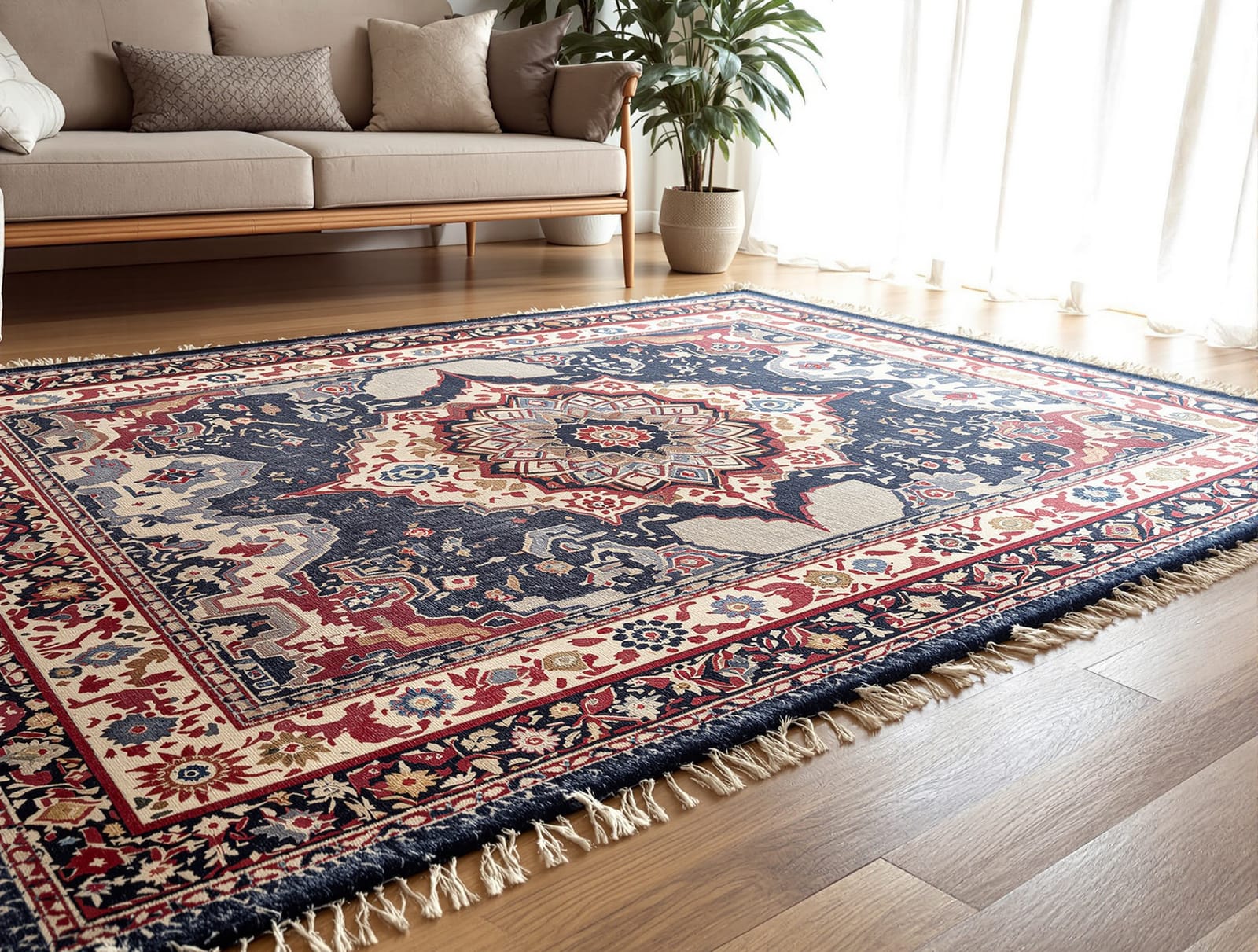 A patterned area rug in an Indian living room