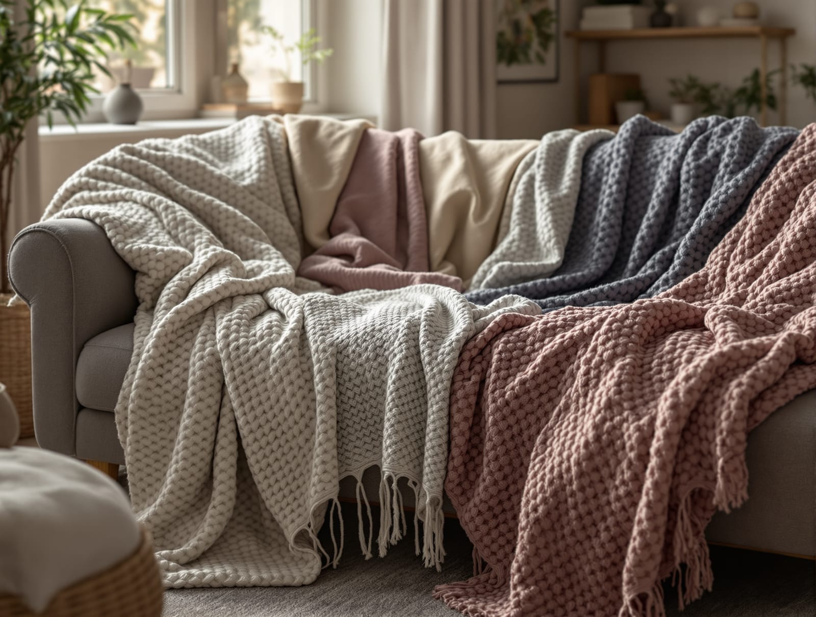 Soft throws and blankets draped over a sofa in an Indian living room