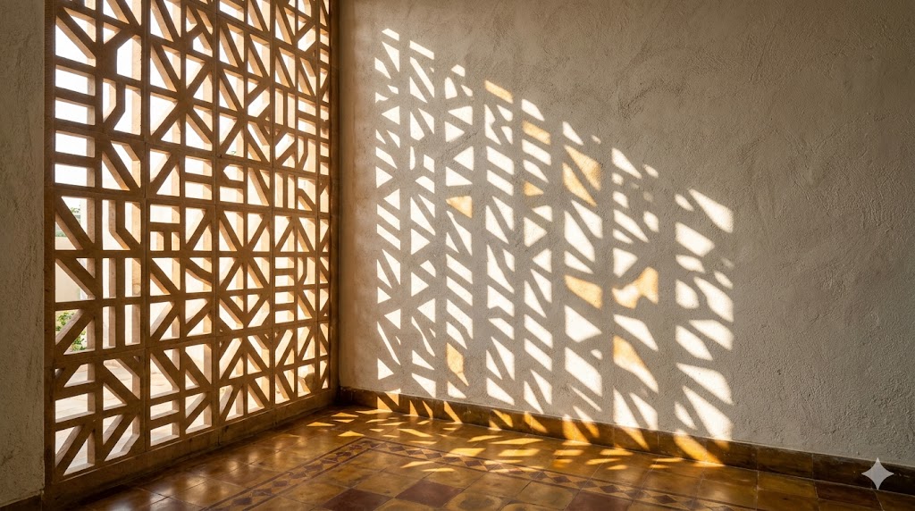 Sunlight filtering through a stone jaali screen onto a textured plaster wall, mid-morning, casting a slow-moving pattern