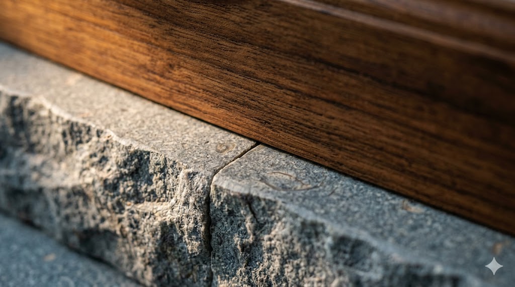 Close-up of an Indian Kota stone floor edge meeting a teak skirting — visible joint, honest material grain, soft natural daylight