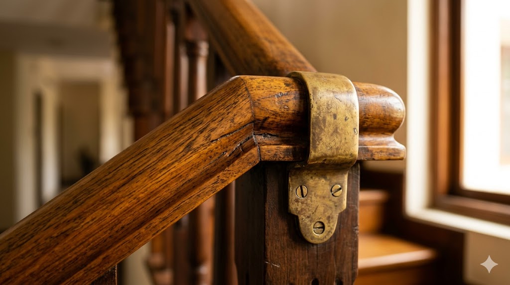 A teak handrail, brass-fitted, that has darkened with use over two decades, showing the warm patina that solid materials develop with handling and time