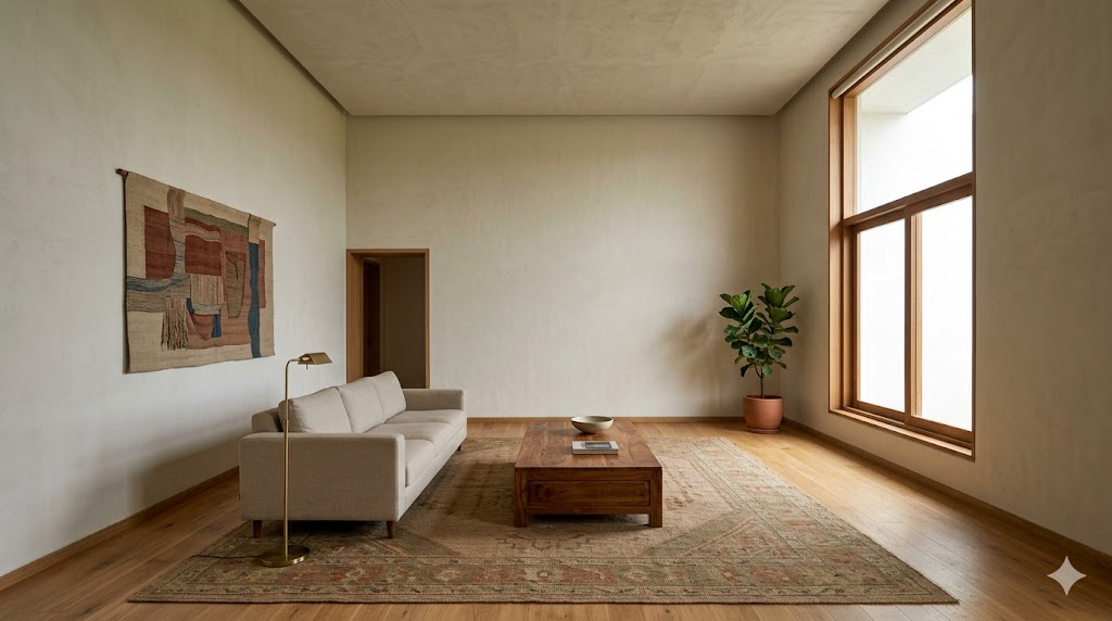 Living room with daylight from a tall window, ceiling at 3.2 metres, balanced wall proportions, restrained material palette