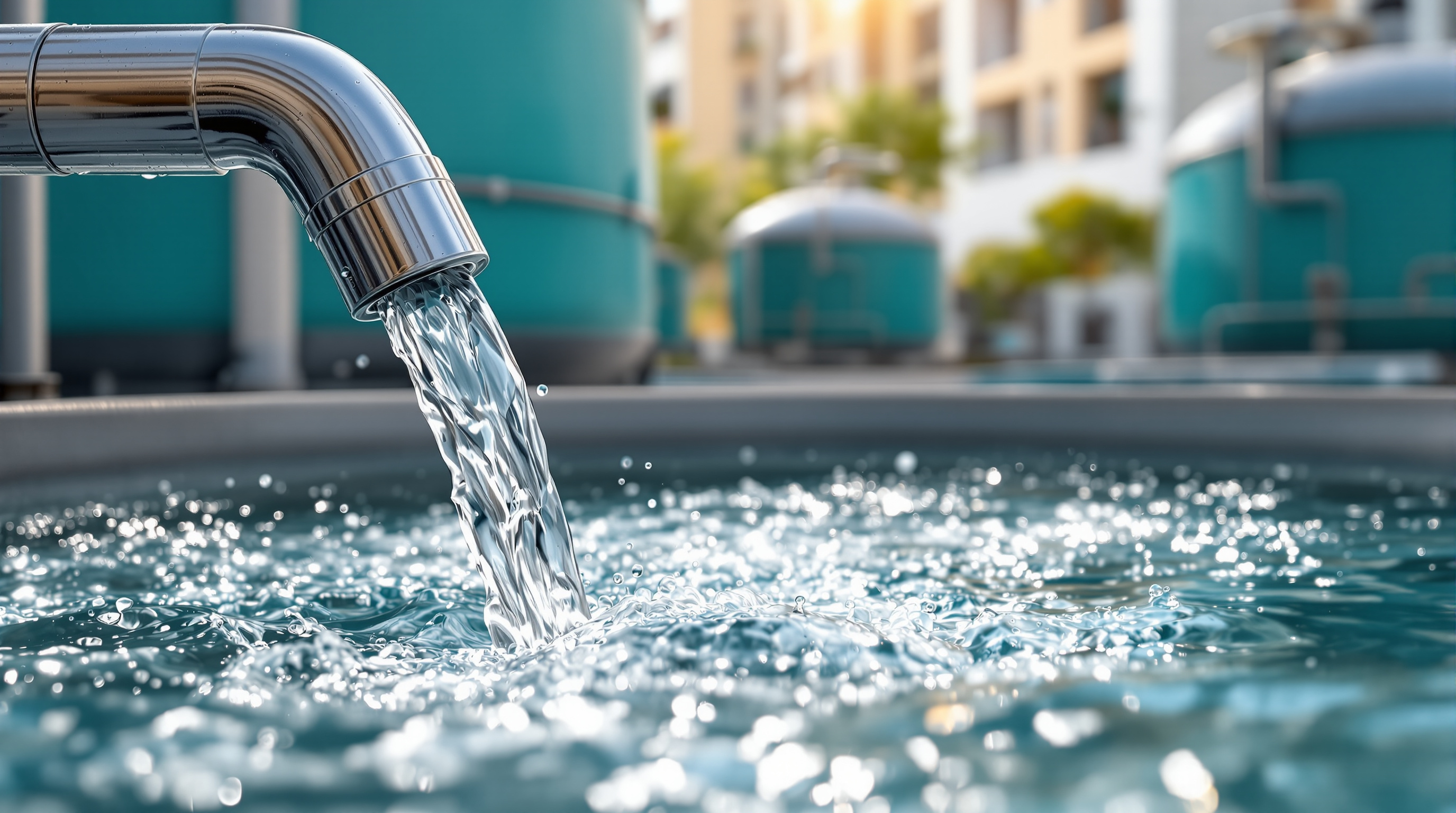 Clear treated water flowing from the outlet of a compact rooftop sewage treatment plant into a collection tank, with aeration basins bubbling behind it