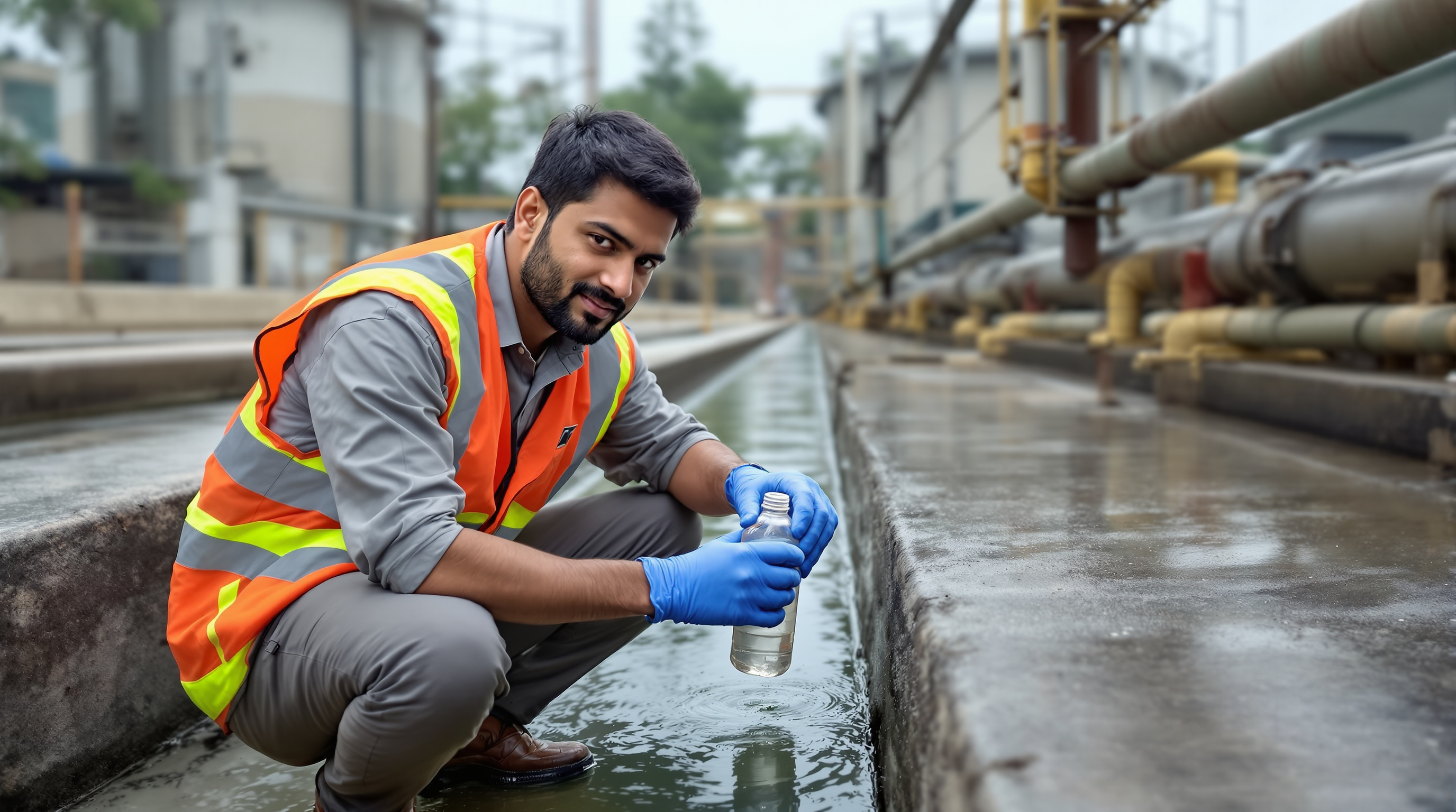 An Indian technician in a safety vest and gloves crouching at an STP discharge point, filling a glass sample bottle with treated water for lab testing