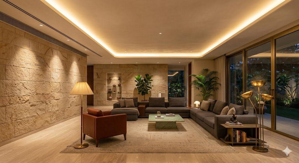 Inline photograph of a warmly cove-lit luxury living room in the evening, the perimeter ceiling glowing softly while a feature wall is grazed and floor lamps create pools of light at seating level