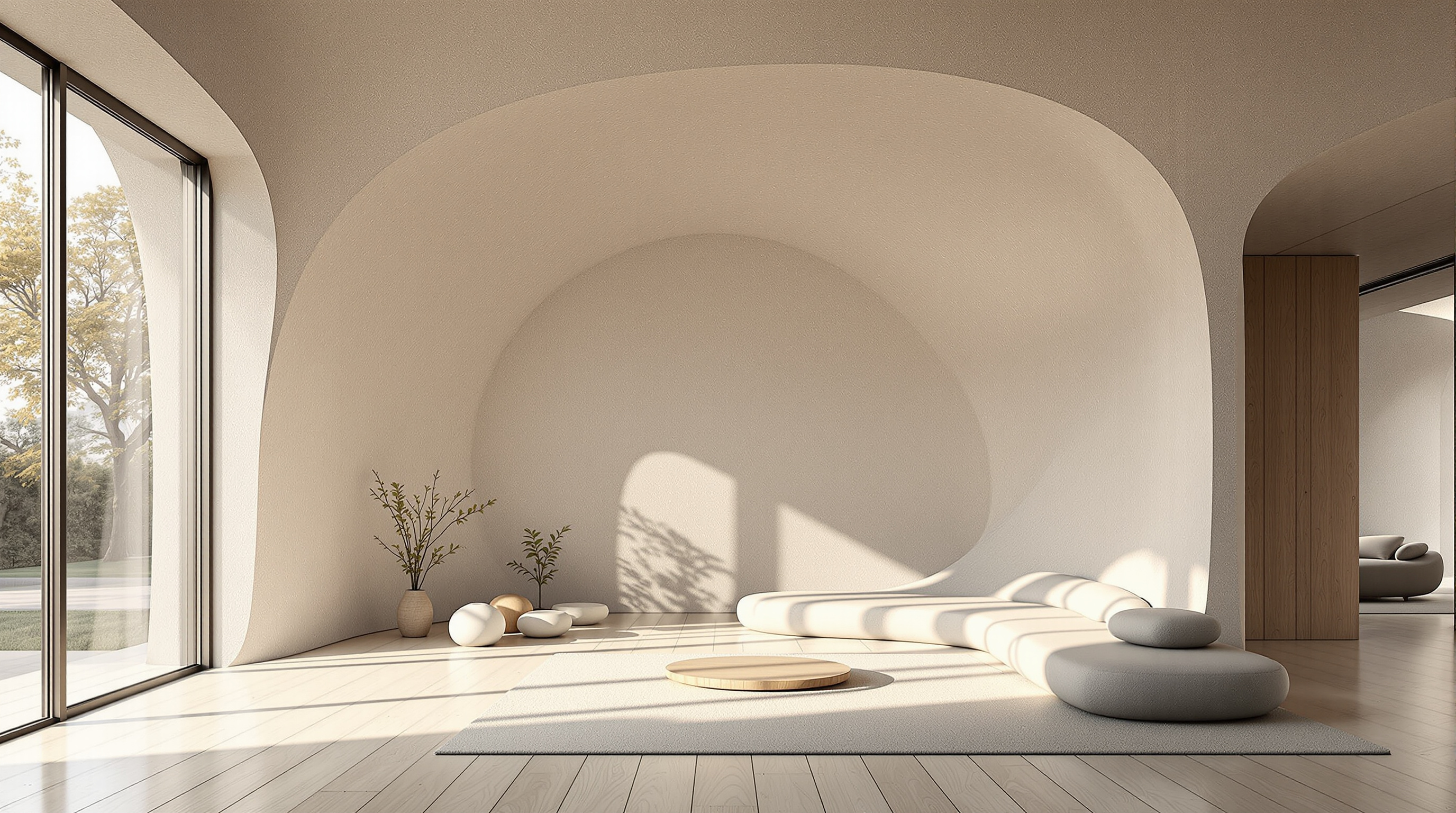 The doubly curved Mesh Mould concrete wall inside the DFAB House living area, its faintly textured grey surface flowing in an S-curve behind pale timber floors and full-height glazing, warm afternoon light raking across the concrete