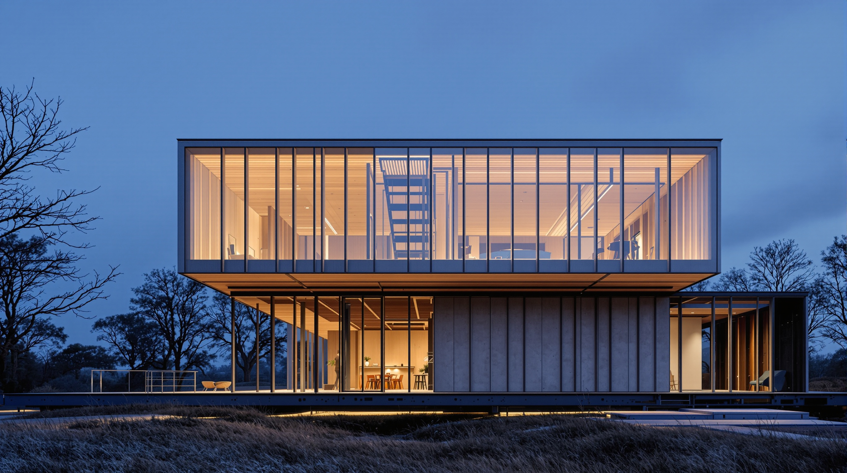 Exterior of the DFAB House at dusk, its lightweight translucent façade glowing softly from within, the slim robot-slip-formed concrete mullions visible against the illuminated timber-framed upper storeys, set on the steel platform of the NEST research building