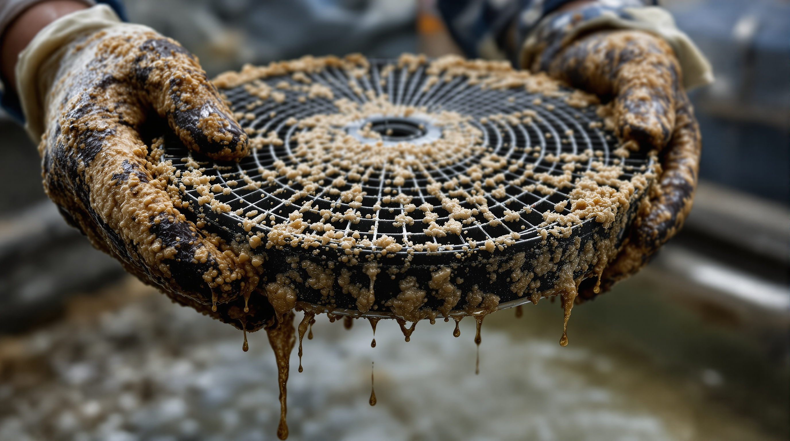 Extreme close-up of a fouled fine-bubble membrane disc diffuser removed from an STP, its surface coated in brown biofilm slime and pale mineral scale that has blocked the pores