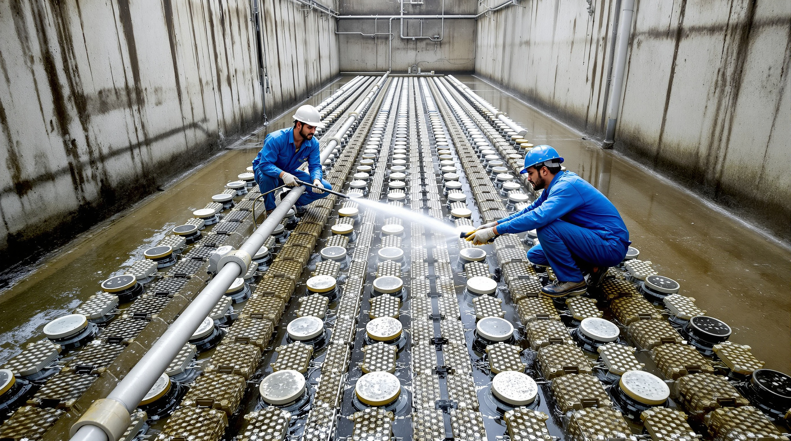Indian STP operators in a drained aeration tank hosing and brushing rows of exposed fine-bubble disc diffusers mounted on the grid piping at the tank floor