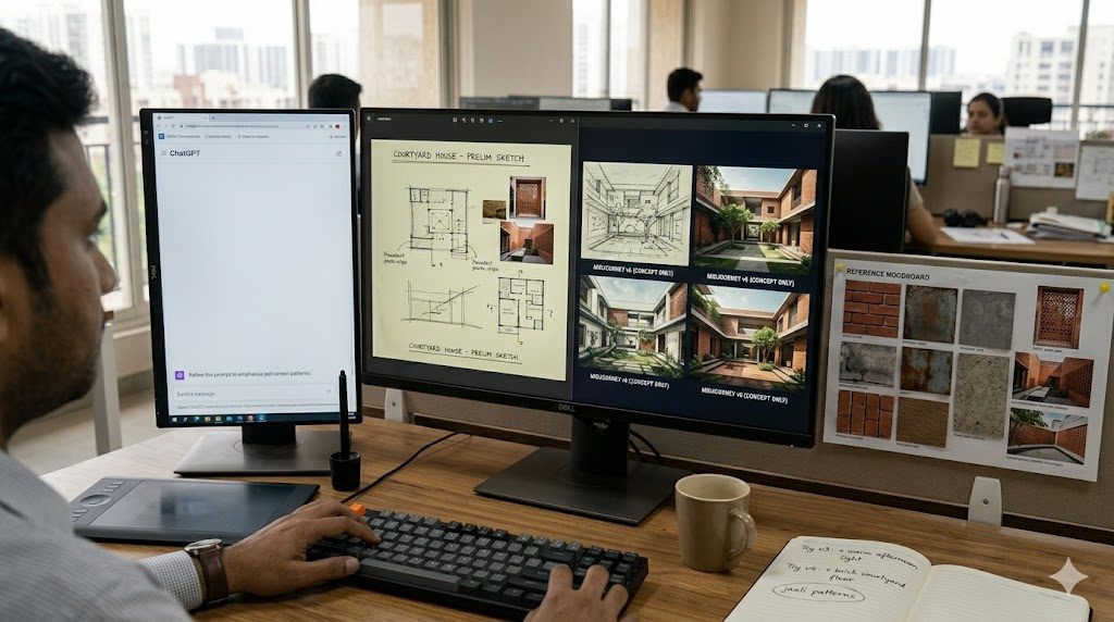 Indian architect using AI tools for concept development on a wide monitor — left side a hand-drawn moodboard sketch, right side four Midjourney-generated photoreal interpretations of a courtyard-house concept. A second monitor showing a ChatGPT prompt-refinement window. Notebook with handwritten prompt iterations. AI is the new sketchbook — amplifies exploration in the first 80% so you can spend judgement on the 20% that decides whether the project sings