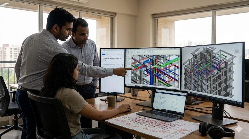 BIM coordination meeting at an Indian architecture firm — a triple-monitor workstation showing a Revit model of a multi-storey residential building with MEP services overlaid through transparency, a clash-detection panel listing 