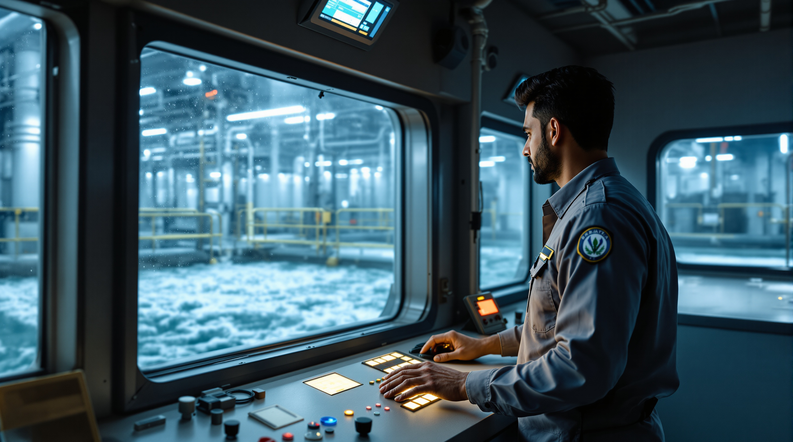 Indian STP operator adjusting blower controls at a plant control panel with aeration tanks visible behind him