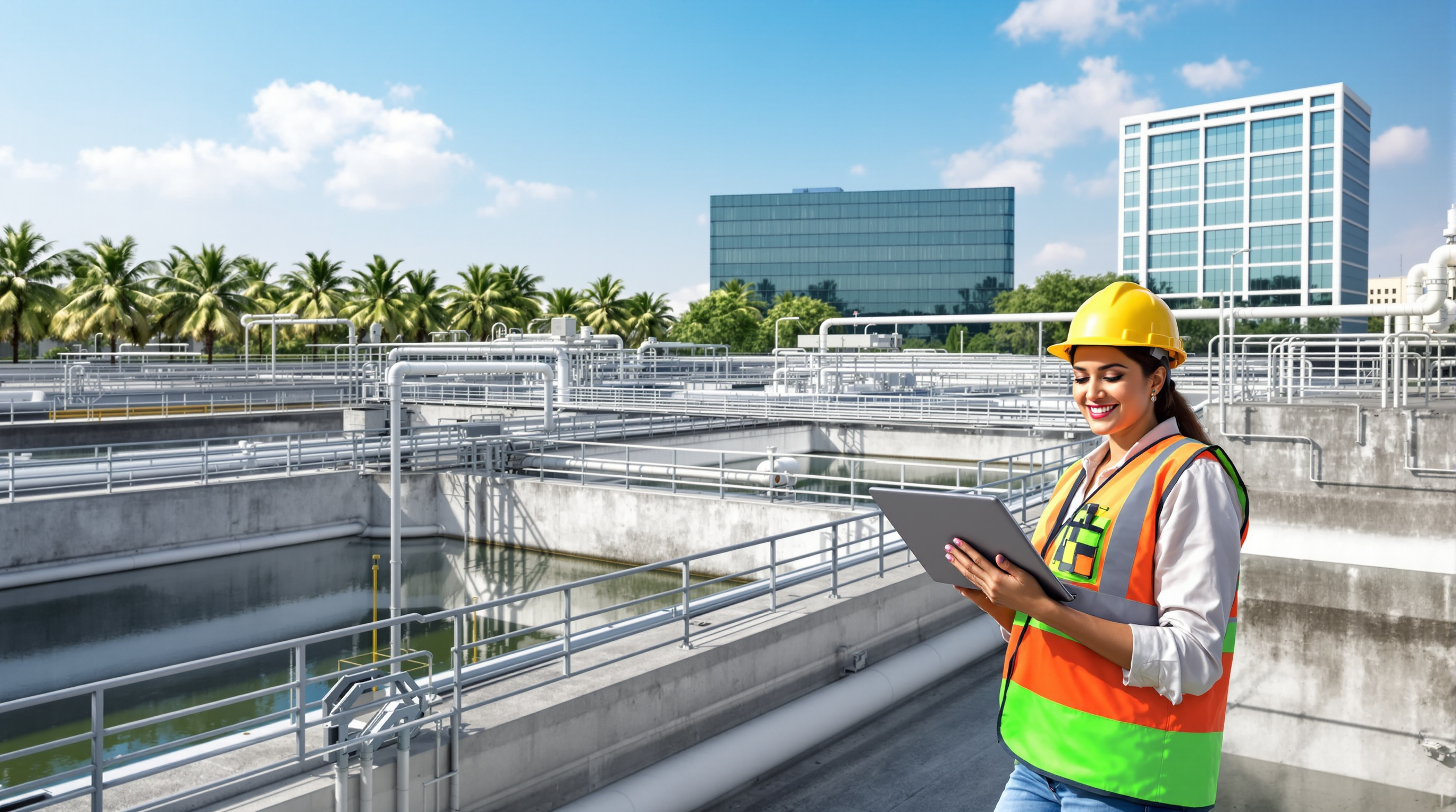 Indian engineer holding a tablet inspecting a large campus sewage treatment plant with multiple concrete tanks