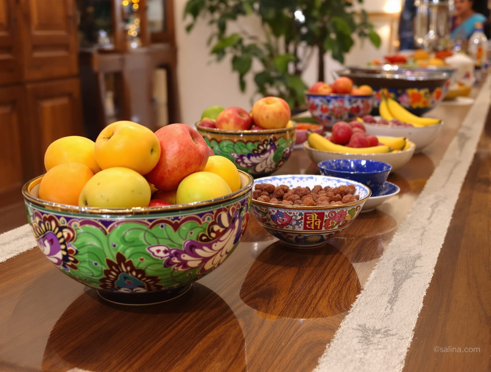 Decorative bowls styled on a dining table