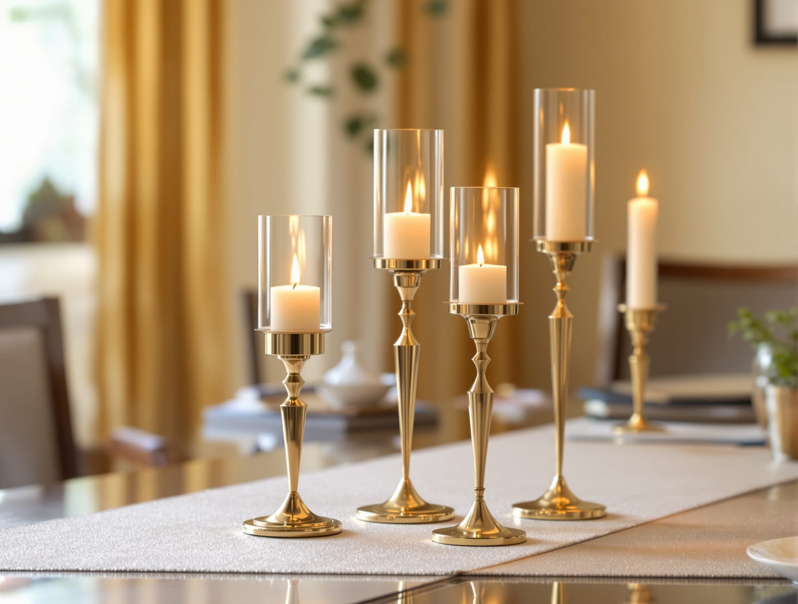 Candlestands with lit candles on a dining table in an Indian home
