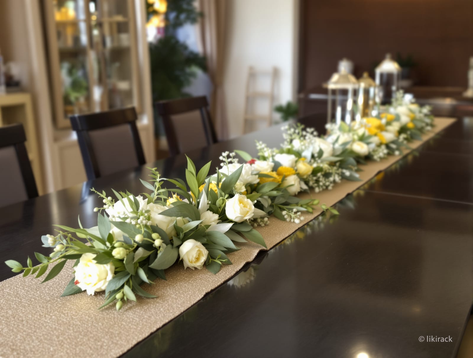 A low decorative centrepiece on a dining table in an Indian home