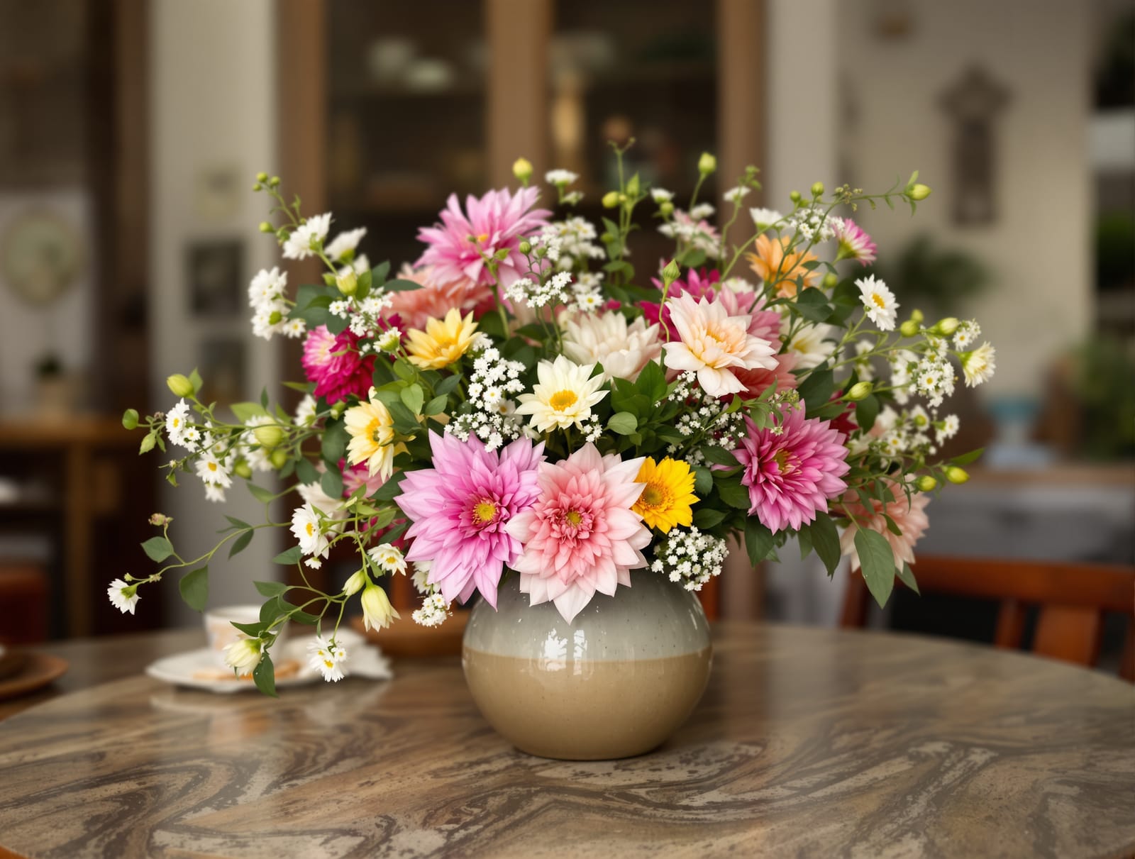 A fresh floral arrangement as a dining table centrepiece