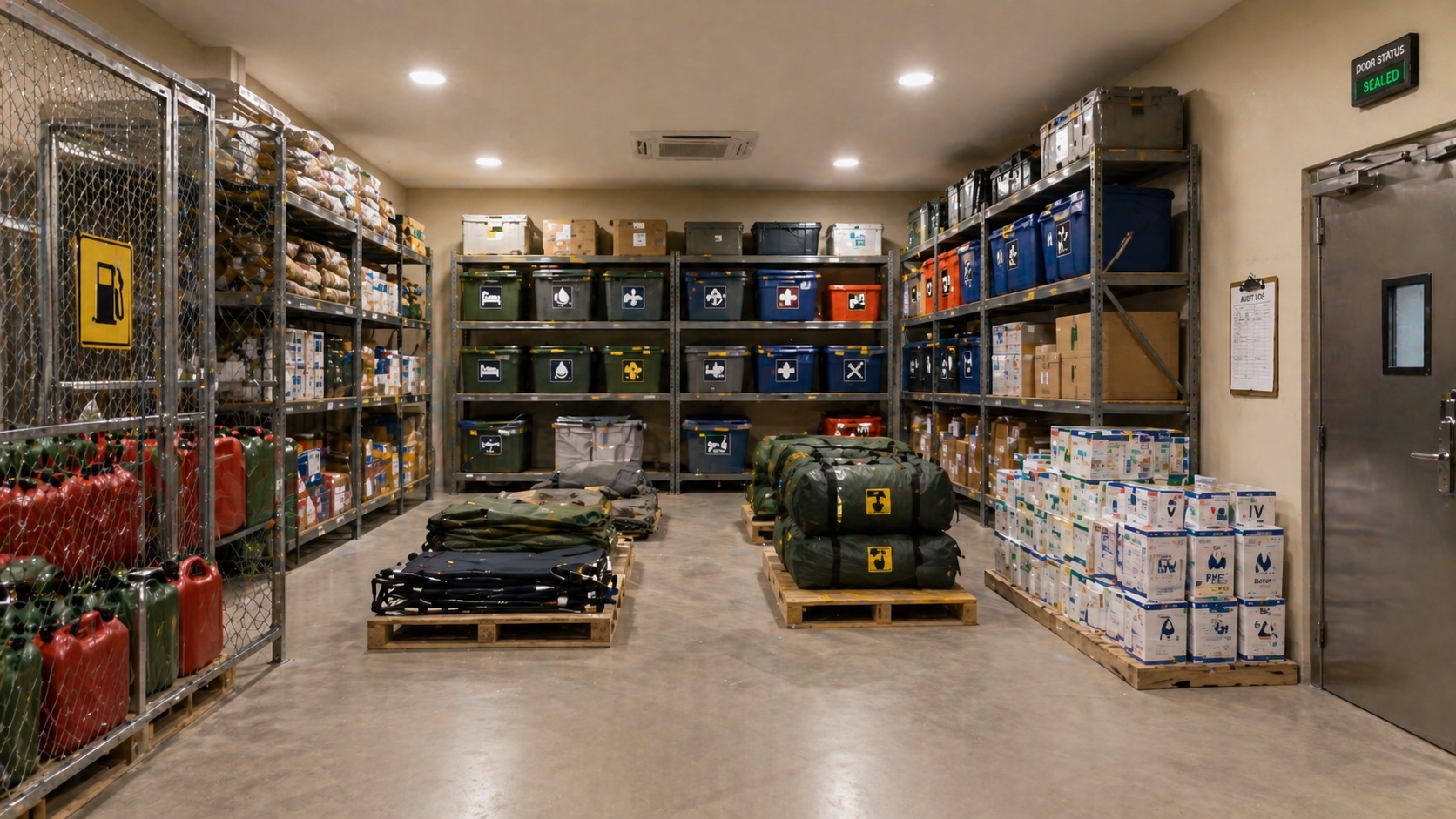 Disaster supply cache room — sealed crates, tents and cots stacked, IV fluids and PPE inventoried, secure entry