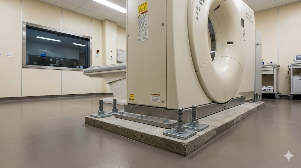 CT scanner with seismic-anchored equipment base — cast-in anchor bolts visible at the base of the unit