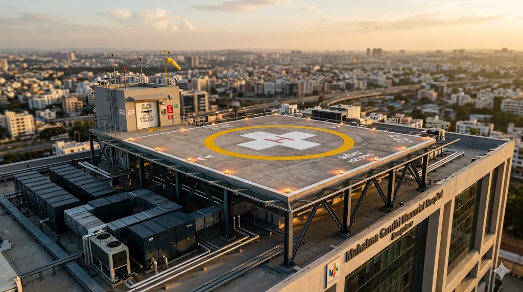 Rooftop helipad on a contemporary tertiary hospital — yellow circle with H mark, raised steel-frame platform, approach lighting