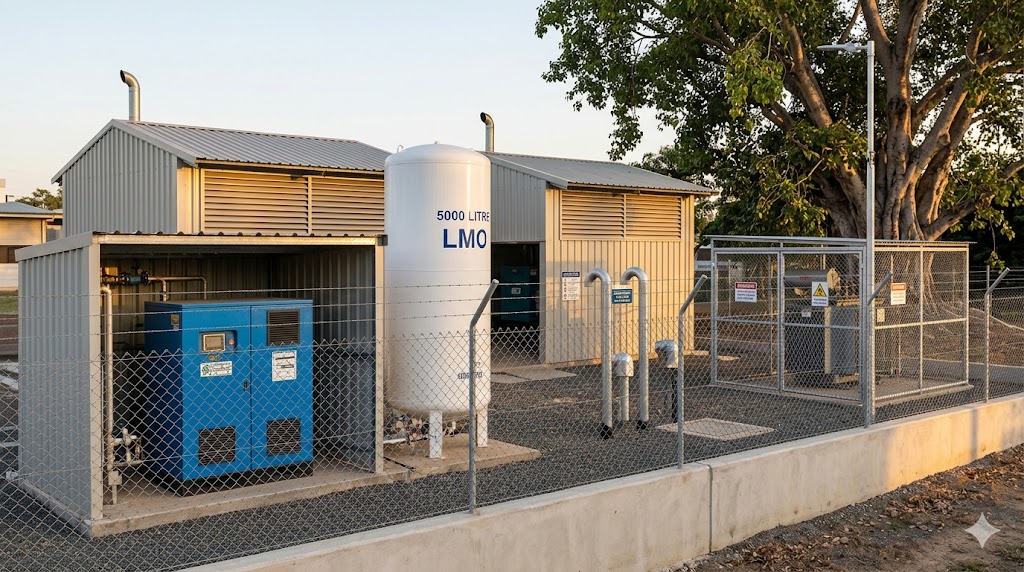 Hospital utility yard with PSA oxygen plant, LMO tank, DG sheds — the architecture of lifeline autonomy