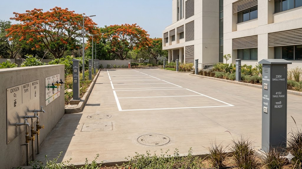 Pre-Wired Site for tent expansion — paved area with painted tent footprints, electrical pillars, water taps, medical-gas stub-outs