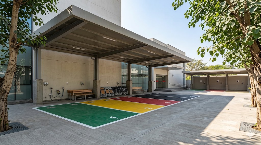 Mass-casualty triage forecourt — four-color triage zones marked on the paving, sheltered canopy, ambulance arrival visible