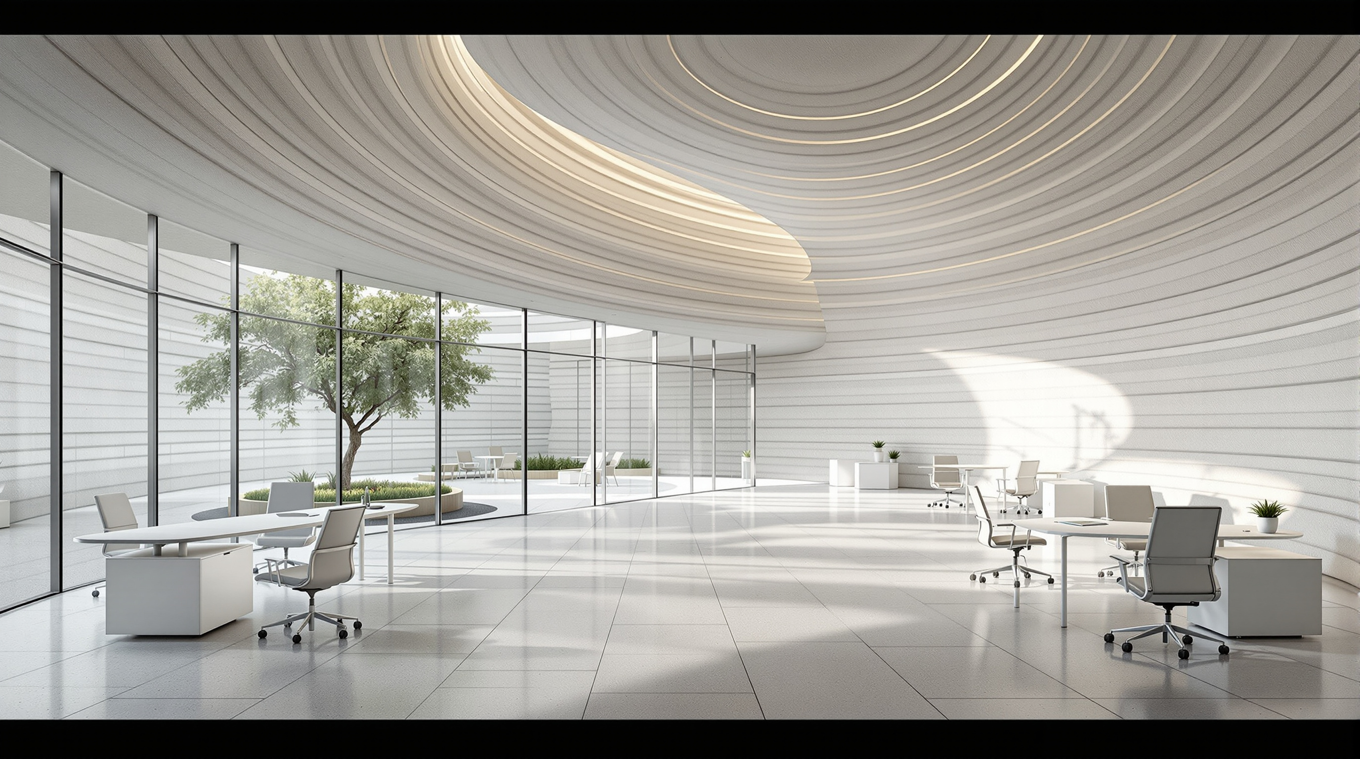 Interior of the Office of the Future in Dubai: a curved, softly lit open-plan workspace with the ribbed texture of the layered 3D-printed concrete walls visible behind minimalist white desks, a glazed wall opening onto the shaded central courtyard