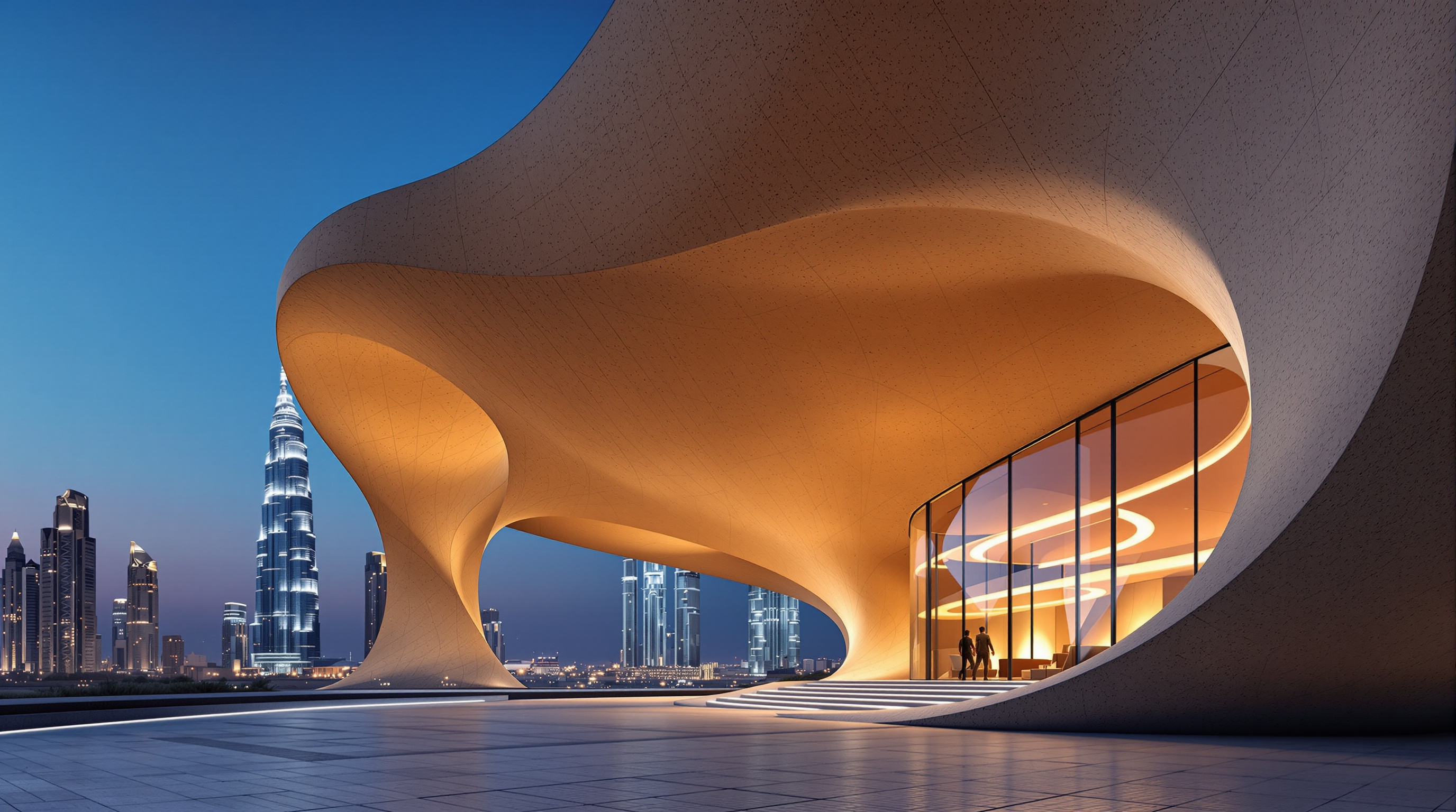 Exterior detail of the Office of the Future at dusk: the sculpted sand-coloured 3D-printed concrete facade curving past a deep cantilevered overhang, warm interior light spilling through floor-to-ceiling glass, the Emirates Towers rising in the background