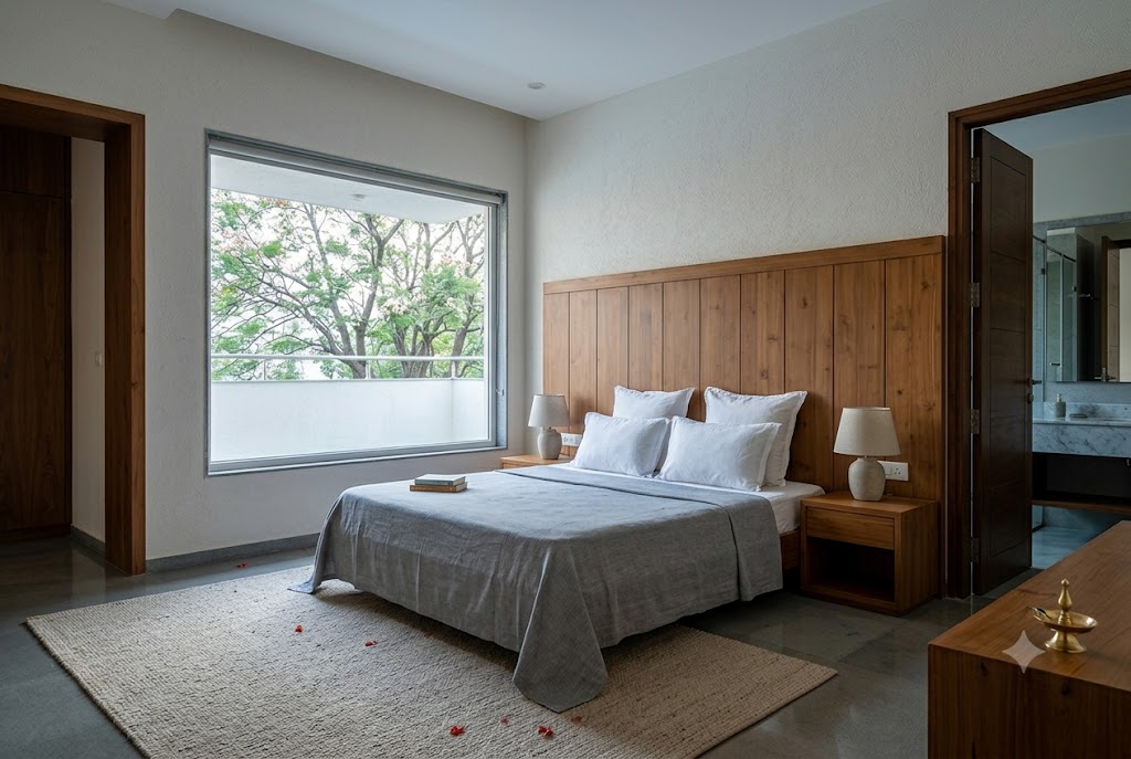 Early-morning interior photograph of the master bedroom on the first floor of an Indian duplex with the south-west window admitting cool soft natural light, the master king bed with a clean grey linen bedspread and four white pillows centred against a panelled Burma teak headboard wall, two matching teak nightstands with simple ceramic lamps flanking the bed, a large picture window on the south wall deeply set with a six hundred millimetre chajja overhead framing a glimpse of the upper canopy of a tall gulmohar tree outside, soft morning grey-blue light spilling across a beige wool rug on the polished kota floor, an open door to the master bathroom revealing a hint of marble counter on the right, an alcove door indicating the walk-in wardrobe on the left, a single book on the nightstand and a small brass diya on the dresser at the foot of the bed under restrained natural daylight with no interior lamps on