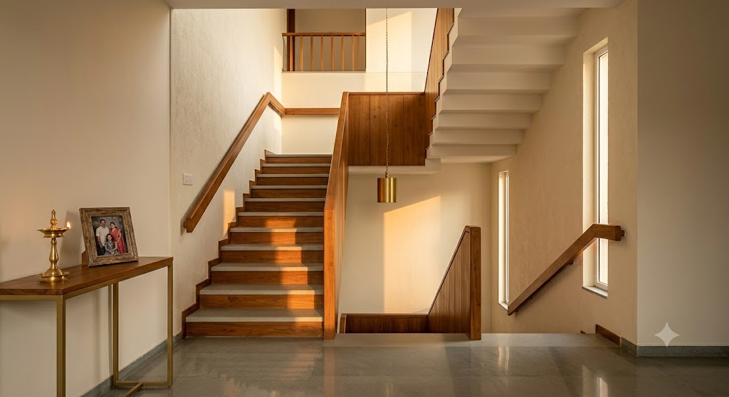 Interior photograph from the foyer of an Indian duplex house looking toward the central L-shape staircase rising to the first floor with the sixteen-riser staircase as the main subject showing the first eight risers in light-grey kota stone treads with a continuous timber handrail on the wall side an intermediate landing visible in the middle of the frame then the second flight rising at right angles toward the first-floor private zone, a vertical slot window two metres tall by four hundred millimetres wide along the stair wall admitting warm late-afternoon light and casting a soft sunlit band on the wooden treads, a simple brass pendant lamp hanging over the mid-landing at one point five metre height, a single console table to the left with a brass diya and one framed family photograph, and the polished kota floor in the foreground catching a faint reflection of the stair under soft warm interior lighting