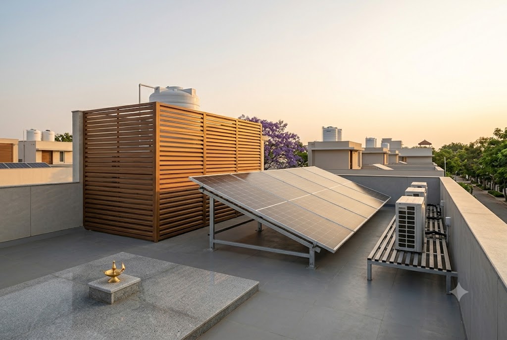 Rooftop photograph of the terrace utility zone of an Indian duplex showing integrated service equipment screened behind a slatted teak enclosure with a small uncovered six by six foot pooja terrace at the NE corner in the foreground featuring a granite floor and a clean brass diya on a low pedestal, the OHT overhead water tank enclosure in a louvred WPC slatted box approximately two point five by two by one point five metres hiding the tank, eight solar PV panels of five hundred forty watts each mounted on a stand at fifteen degree south-tilt with the array sloping toward the camera-left in the mid-ground, a row of three one point five tonne AC outdoor compressors on a slatted steel platform attached to the parapet, the parapet itself running along the right edge of the frame one point two metres high in RCC with cement-board cladding under soft late-afternoon golden light from the right casting long shadows and a glimpse of the neighbouring duplex roof in the far background