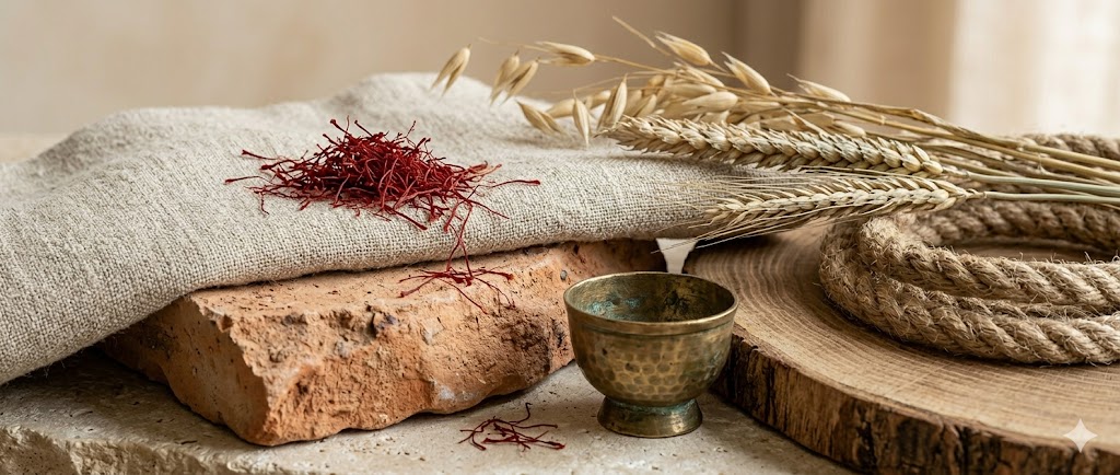 A still-life of earthy palette materials — saffron threads spilled on natural linen, a chunk of unglazed terracotta, a brass cup, jute rope, a small oak slab and dried-grass stems composed under warm daylight