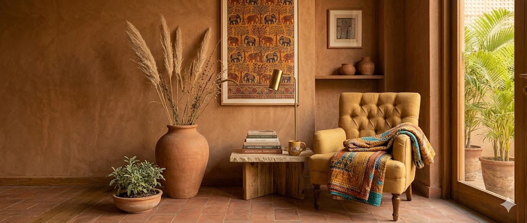 A living-room corner in an ochre-and-mustard earthy palette with a soft ochre accent wall, a mustard linen sofa with cream cushions, a black-and-brass floor lamp, a small wood-and-cane side table, a kantha quilt on the sofa arm and a sage potted plant in a clay pot