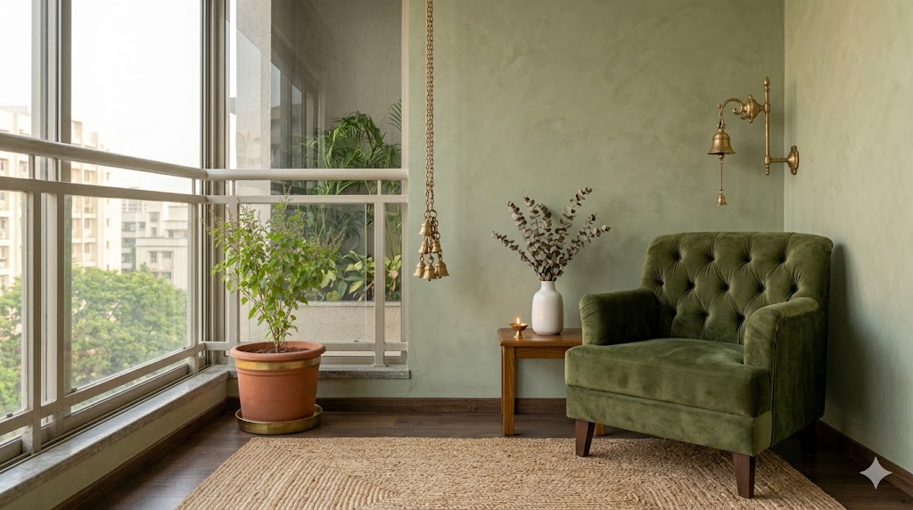 A room composition in an olive-and-moss earthy palette with sage-green plaster walls, a moss-green velvet armchair, an oak floor, a white ceramic vase with dried eucalyptus, a jute rug and a brass swing-arm wall lamp in soft daylight